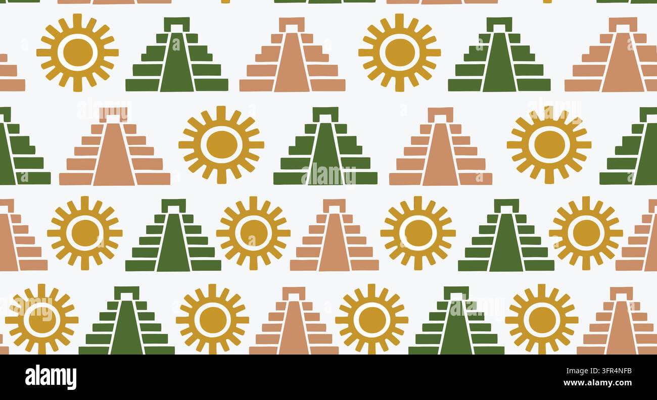 Modello senza cuciture con piramidi antiche e simboli solari su sfondo bianco Illustrazione Vettoriale