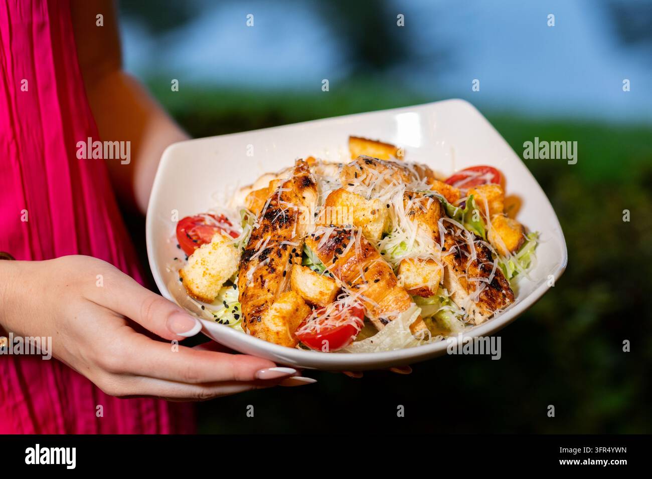Insalata Caesar al pollo grigliato con crostini e parmigiano Foto Stock