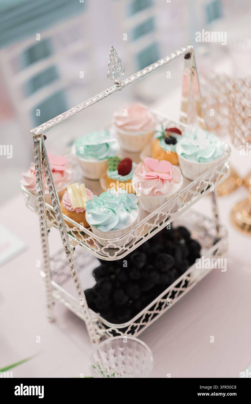 Elegante espositorio per dessert in argento a due piani pieno di cupcake colorati e uva nera fresca su un tavolo da festa Foto Stock