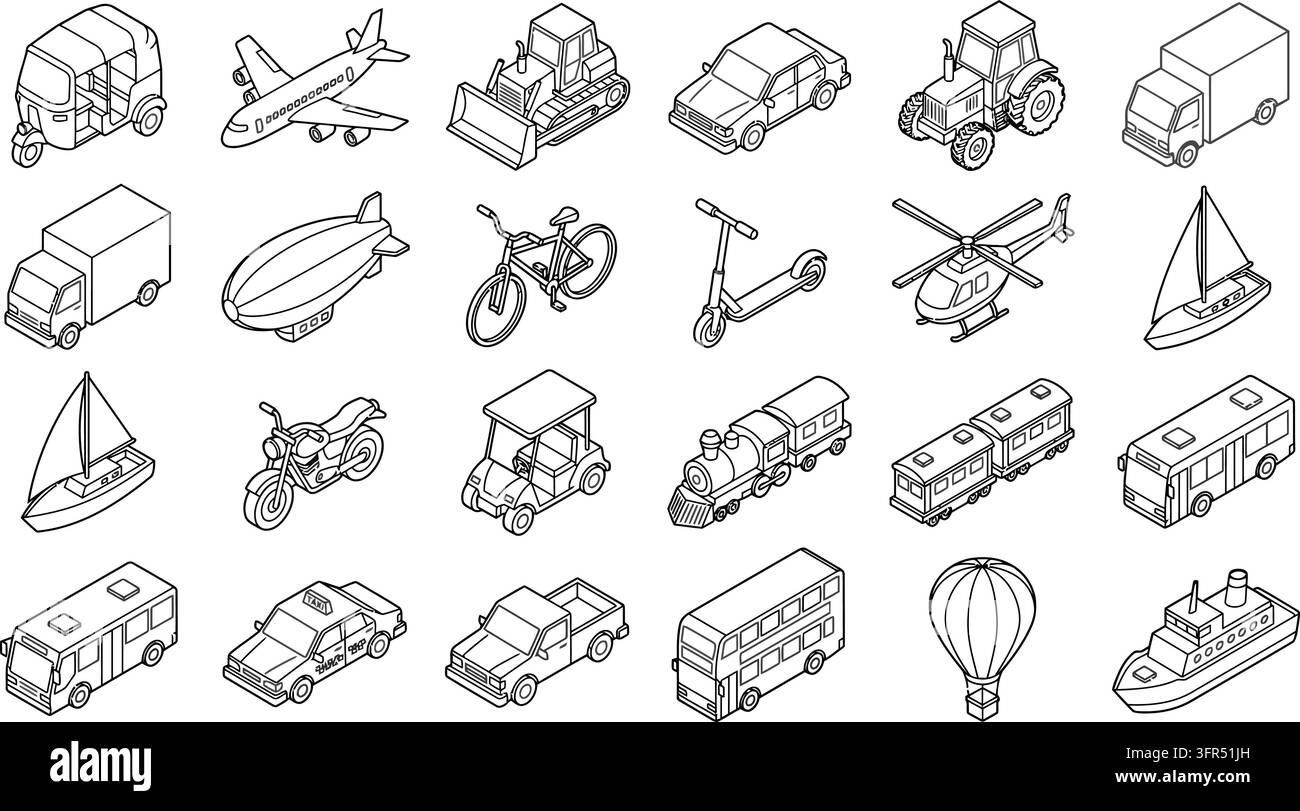 Icone isometriche di trasporto di veicoli terrestri, aerei e marittimi per il design logistico Illustrazione Vettoriale