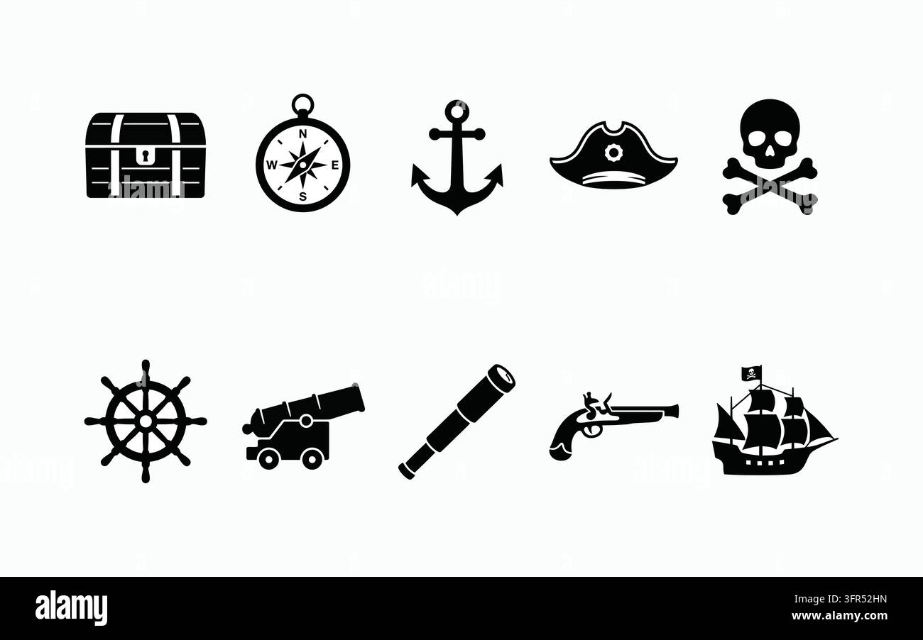 Set di icone di avventura a tema nautico e pirata con tesoro marittimo Illustrazione Vettoriale