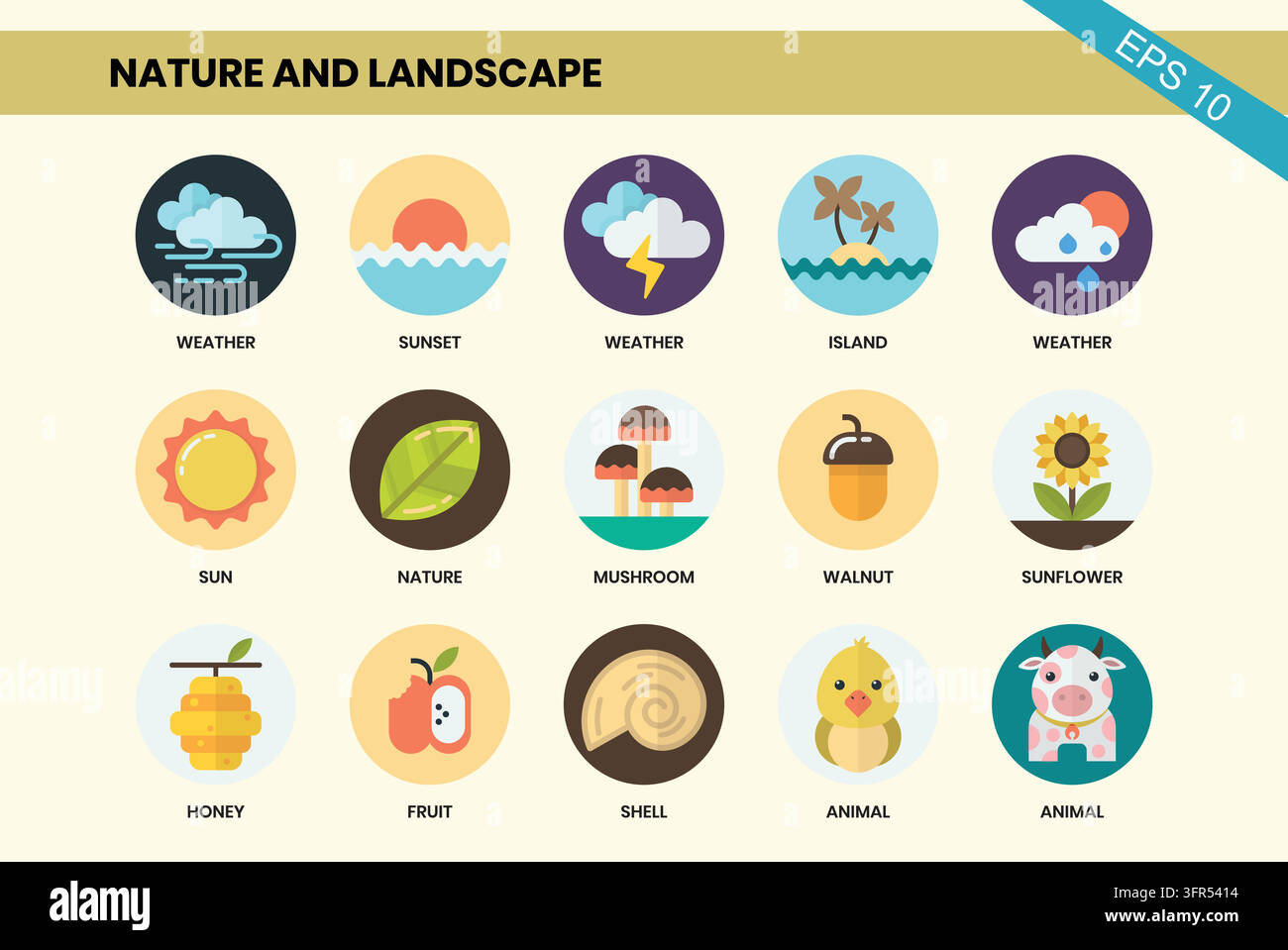 Set di grafici vettoriali circolari piatti di natura e paesaggio con design Illustrazione Vettoriale