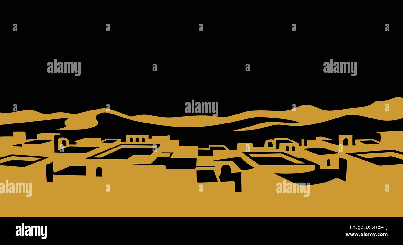 Vista stilizzata di un paesaggio urbano arido al crepuscolo con caratteristiche mediorientali Illustrazione Vettoriale