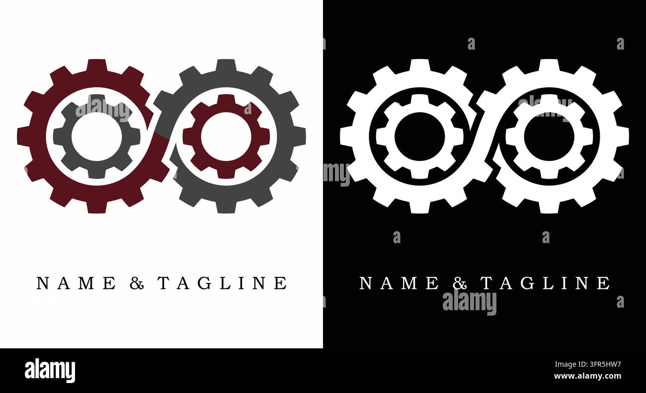 Logo industriale di ingranaggi interbloccati per l'ingegneria meccanica con ruota dentata Illustrazione Vettoriale