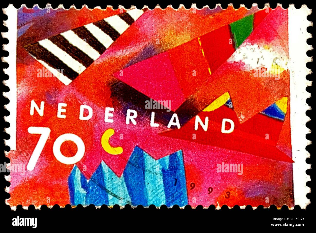 Francobollo olandese del 1993 emesso dai Paesi Bassi con un valore nominale di 70 centesimi, raffigurante un'arte contemporanea astratta e geometrica colorata Foto Stock