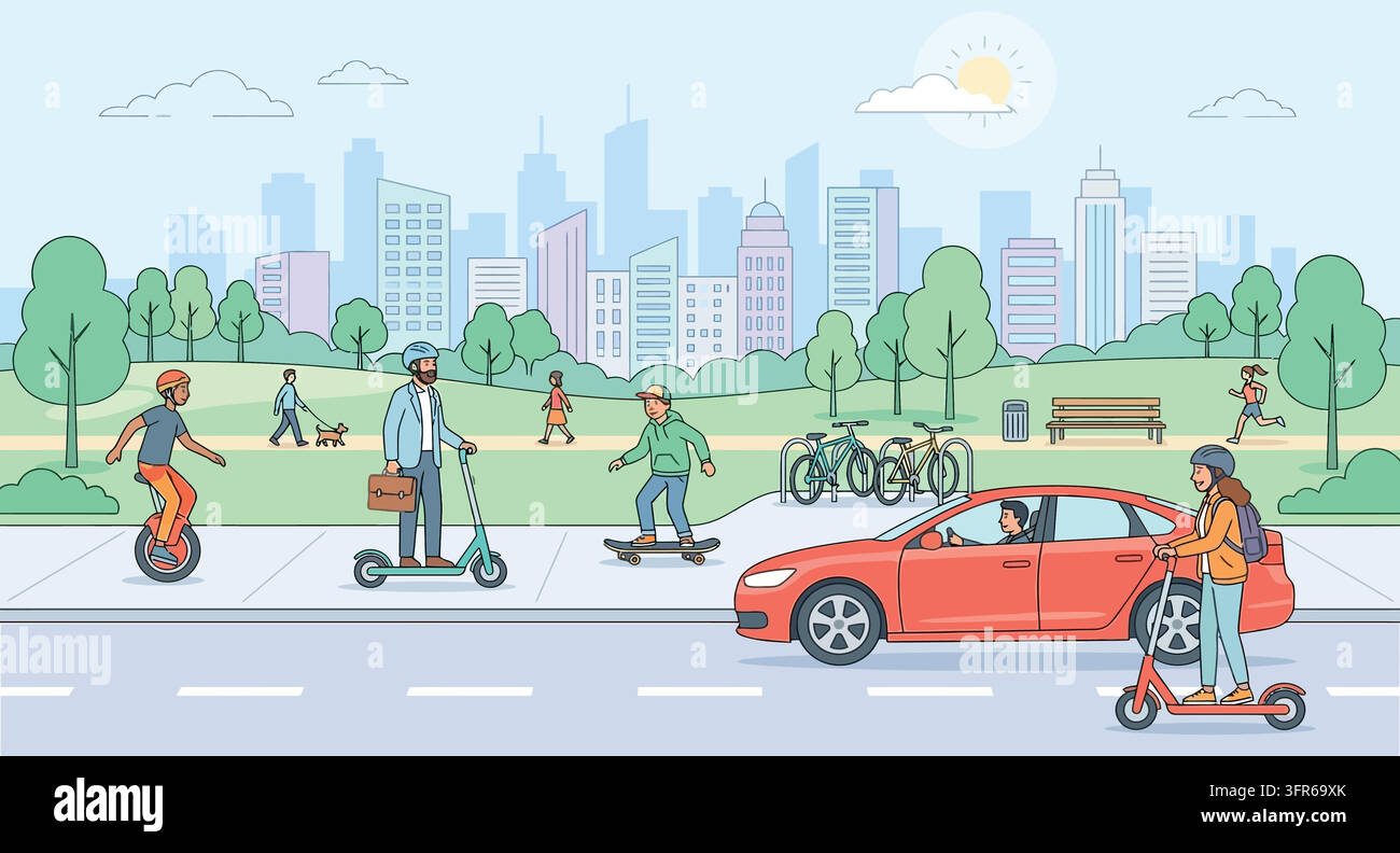 Persone che pendolarono e guidano scooter elettrici in un parco cittadino con skyline urbana Illustrazione Vettoriale