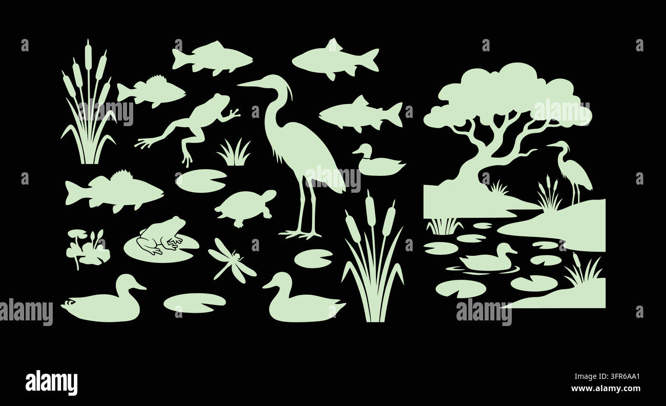 Set di silhouette di animali e piante da stagno della fauna selvatica su sfondo nero Illustrazione Vettoriale