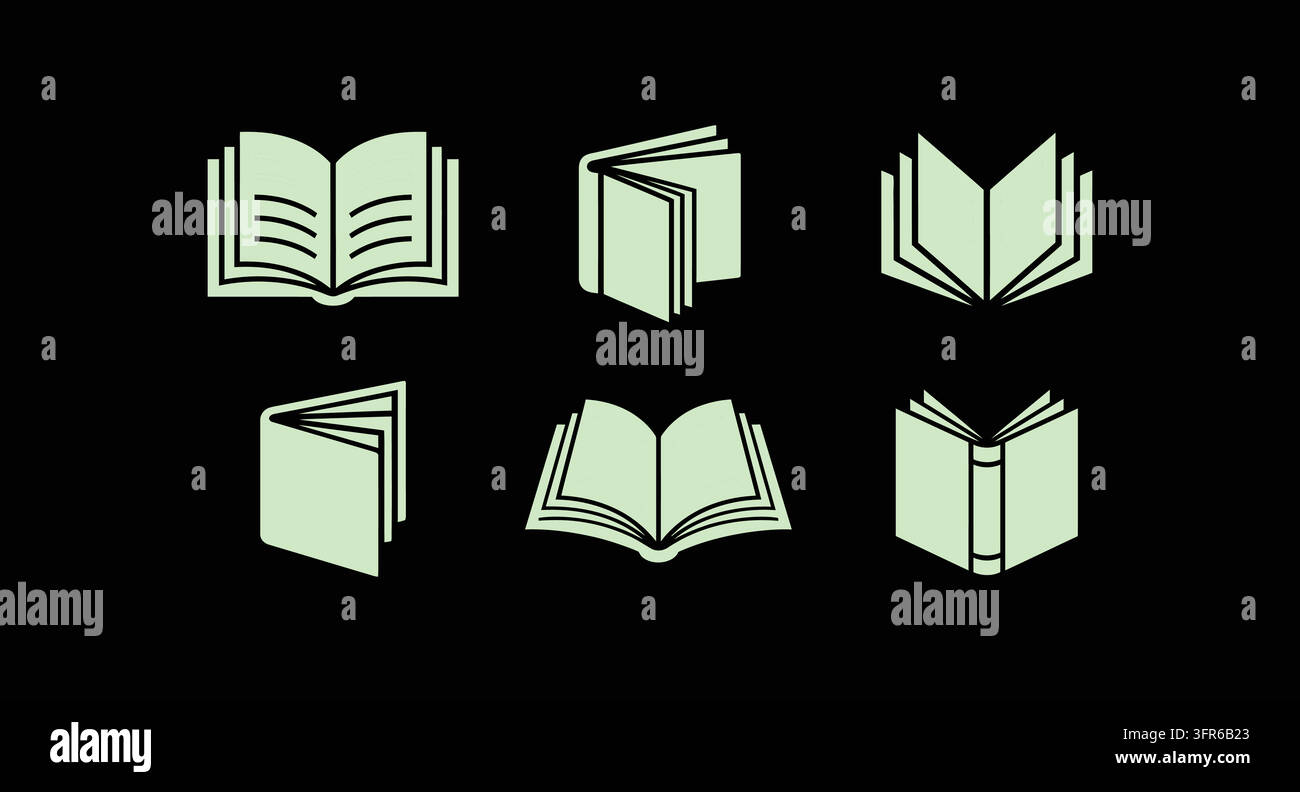 Vari libri aperti e chiusi in stile grafico con una serie di libri diversi Illustrazione Vettoriale