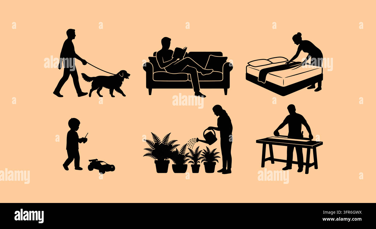 Silhouetti di persone che svolgono faccende domestiche e attività quotidiane Illustrazione Vettoriale