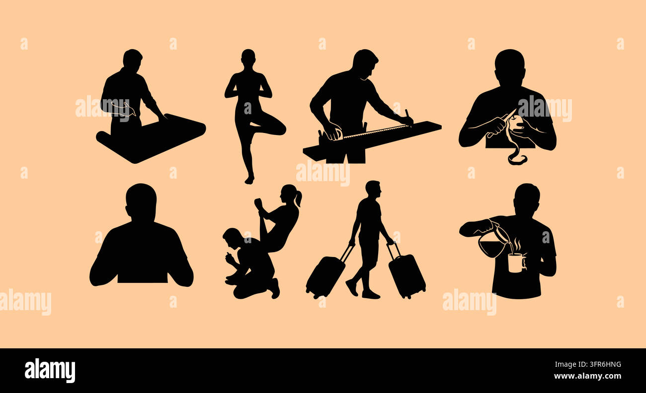 Silhouetti vettoriali neri di persone che praticano yoga e lavorano con attrezzi Illustrazione Vettoriale