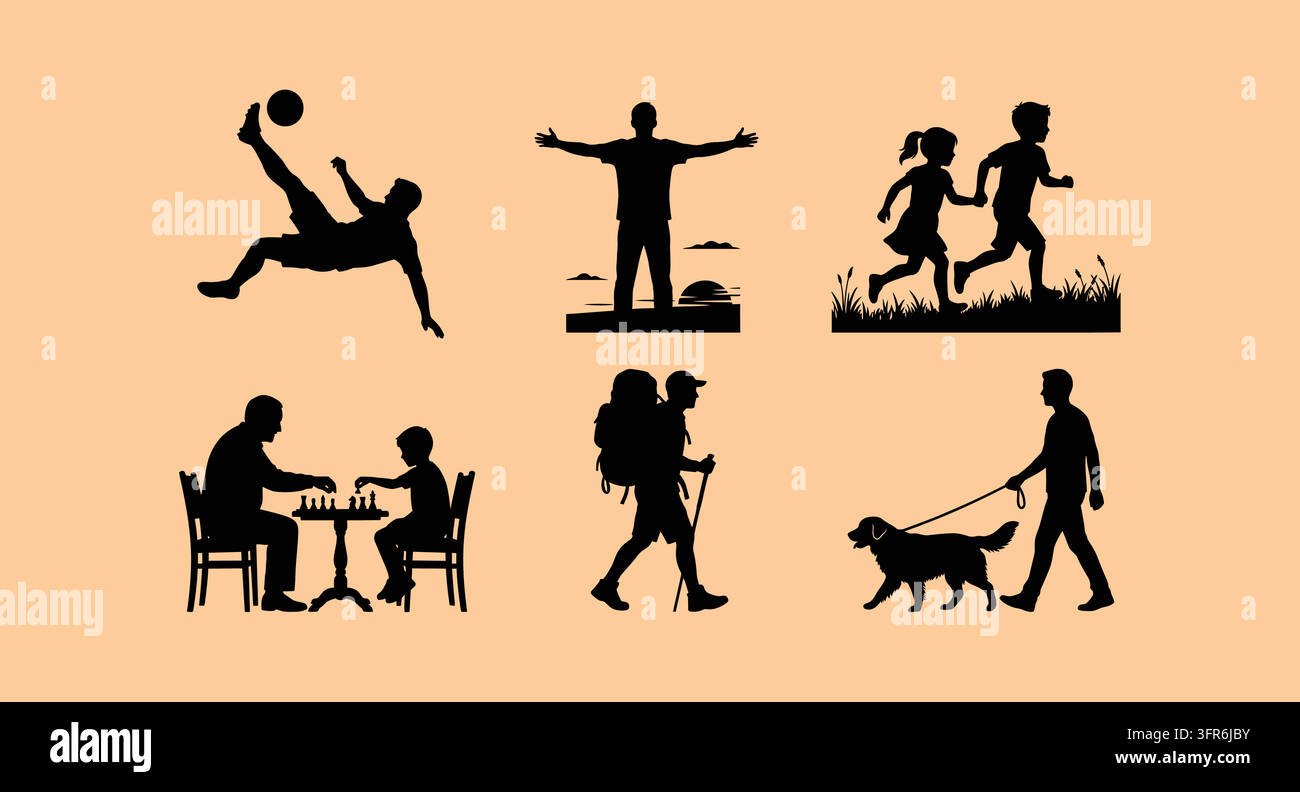 Silhouetti umani che giocano a calcio e a scacchi all'aperto con silhouette Illustrazione Vettoriale