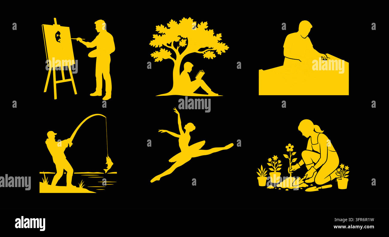 Set di silhouette gialle per hobby e tempo libero con arte e danza Illustrazione Vettoriale