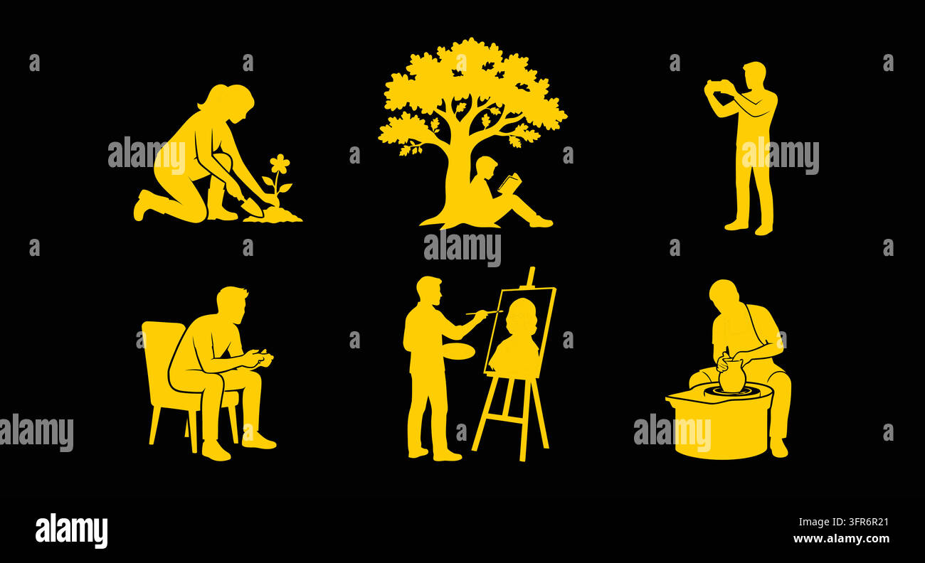 Icone a silhouette dorate che raffigurano arti creativi e attività di giardinaggio Illustrazione Vettoriale