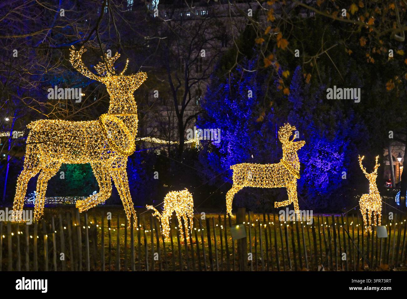 Sculture di renne illuminate realizzate con luci decorative in mostra al Christkindlmarkt di Vienna nel Parco del Municipio, Vienna, Austria Foto Stock
