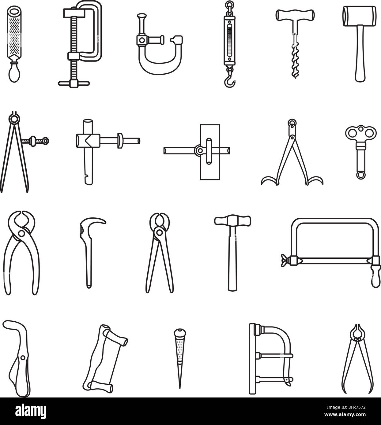 Collezione di 21 strumenti distintivi, specializzati e di uso quotidiano in stile vettoriale. Illustrazione Vettoriale