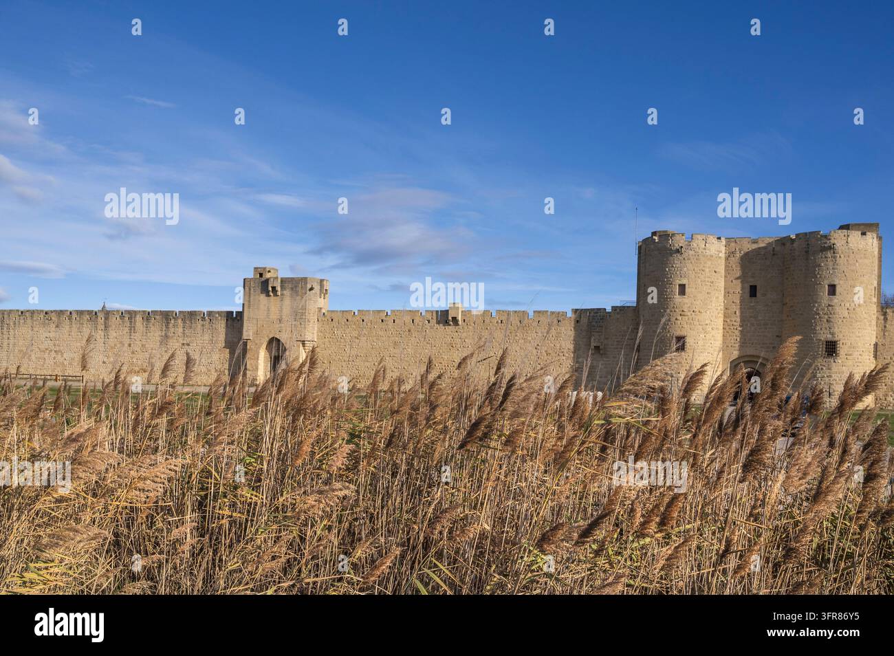 I remparts (mura) e la porta porte de l'Arsenal di Aigues-Mortes, un villaggio iconico ed ex porto mediterraneo a Camarugue, in Francia Foto Stock