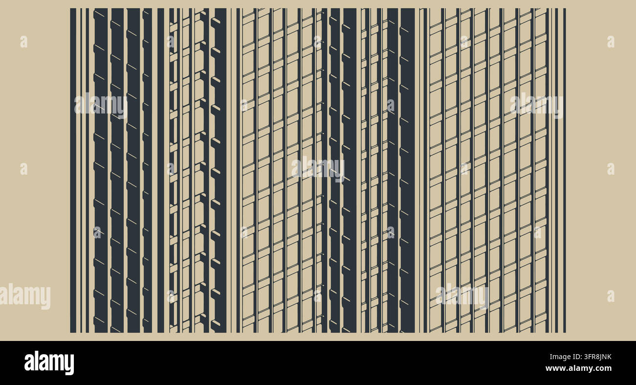 Illustrazione vettoriale ad alto contrasto di una facciata di edificio residenziale moderno. Vista ravvicinata dettagliata dell'architettura geometrica Illustrazione Vettoriale