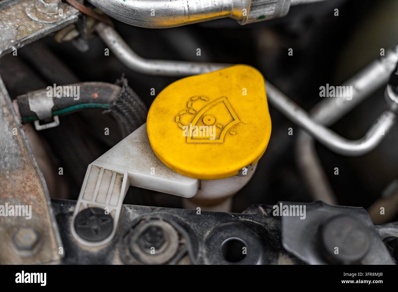 Un tappo del serbatoio del liquido lavacristalli giallo brillante con un simbolo di spruzzo è montato su un contenitore di plastica bianco nel vano motore. Il c Foto Stock