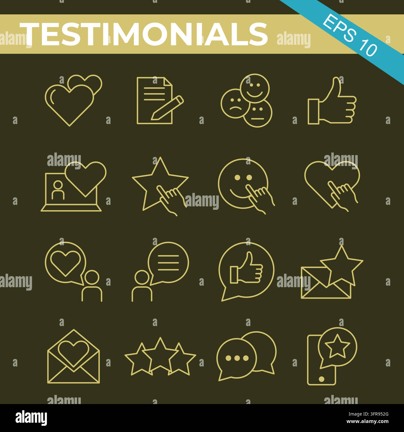 Set di icone lineari per testimonianze di clienti e feedback con recensione Illustrazione Vettoriale