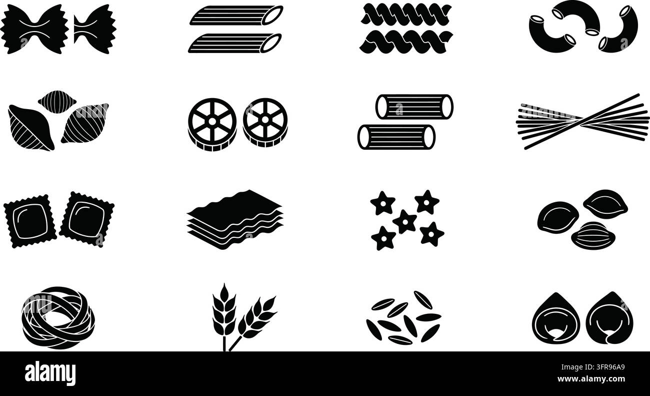 Collezione di diverse forme di pasta secca in uno stile vettoriale nero solido Illustrazione Vettoriale