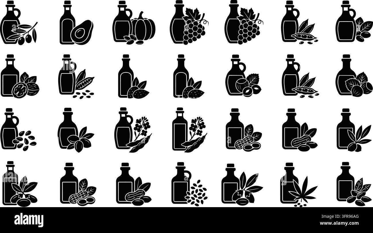 Collezione di icone in silhouette nera che raffigurano vari oli da cucina salutari Illustrazione Vettoriale
