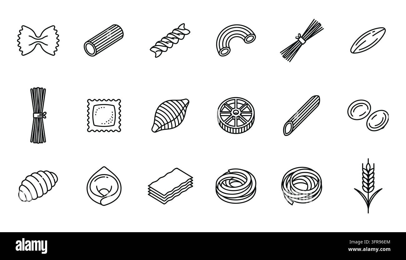 Set di varie forme di pasta italiana e icone lineari di cereali con culinaria Illustrazione Vettoriale