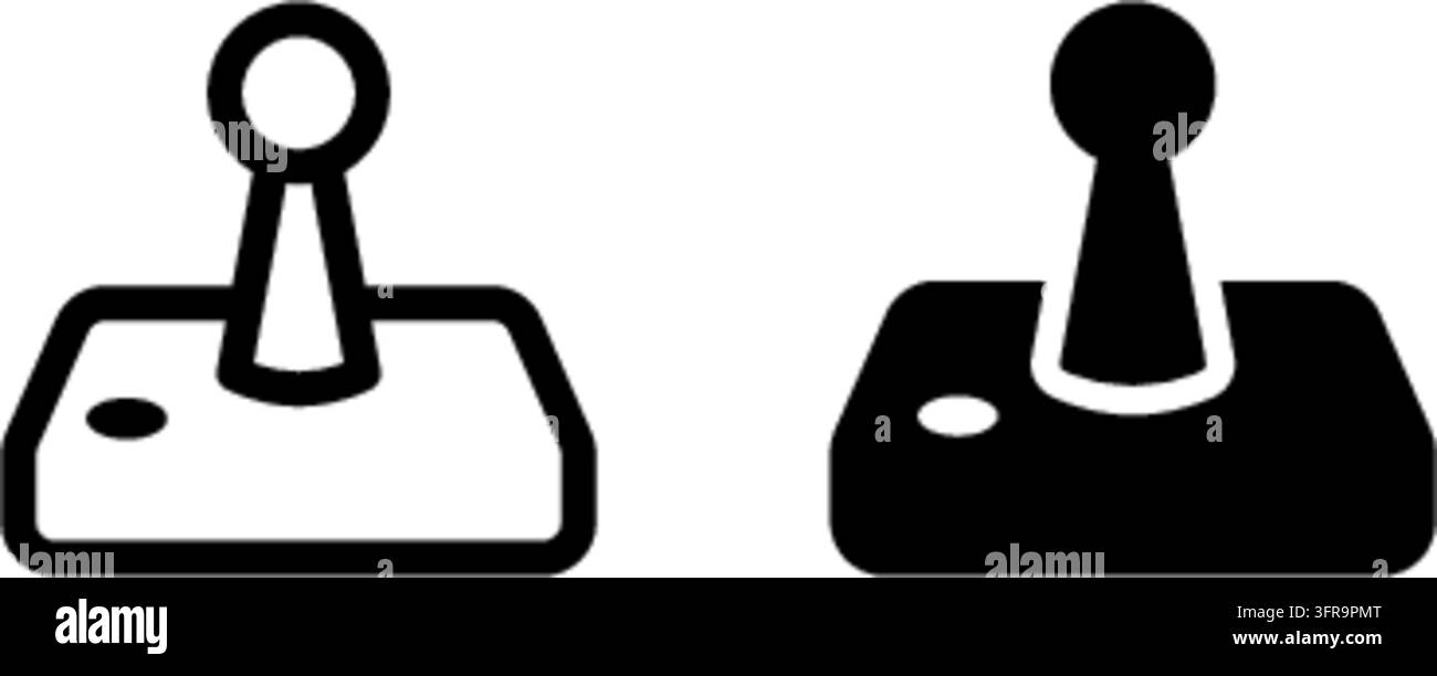 Due icone vettoriali di joystick da arcade mostrate in stili outline e solido, isolate su uno sfondo bianco pulito. Perfette per concetti di gaming retrò, video Illustrazione Vettoriale