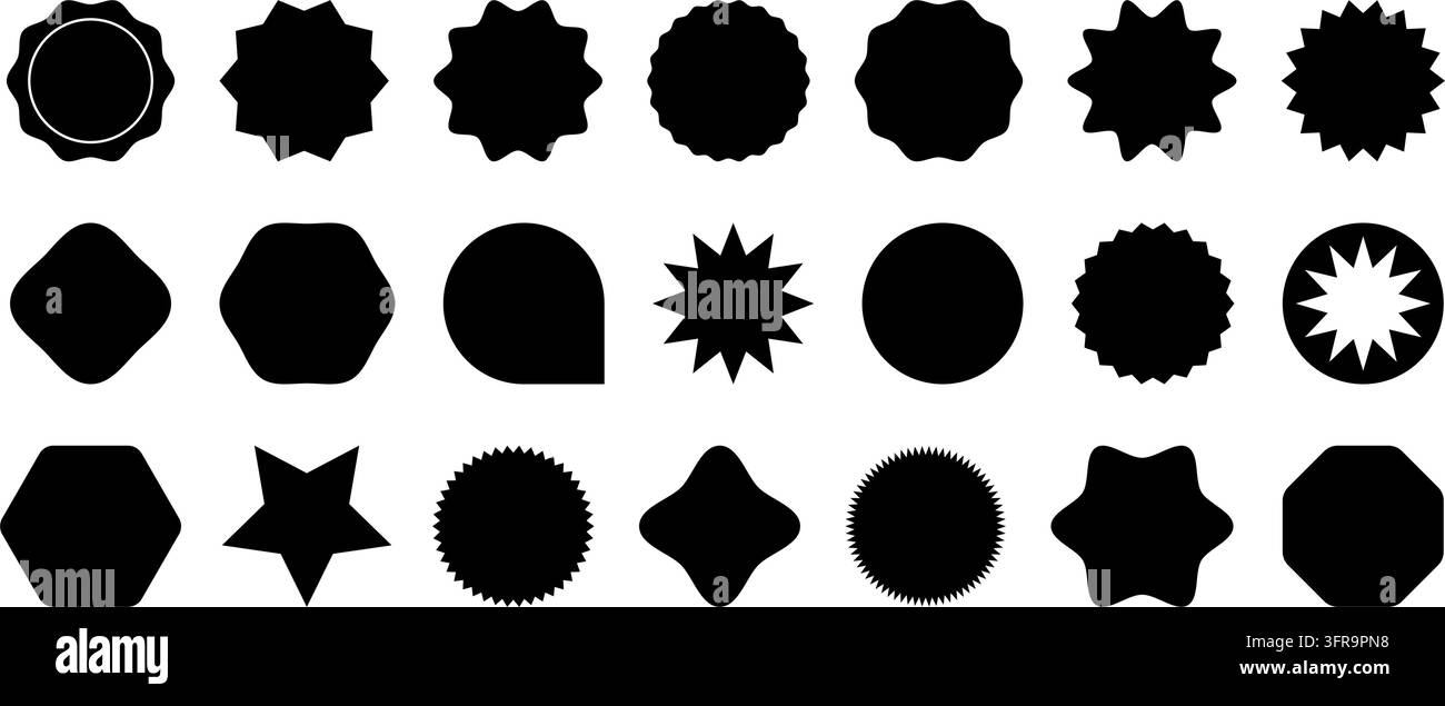Una collezione di ventuno icone vettoriali nere diverse con forme a scoppio di stelle, badge retrò, sigilli, raggi solari e poligoni geometrici arrotondati su un Illustrazione Vettoriale