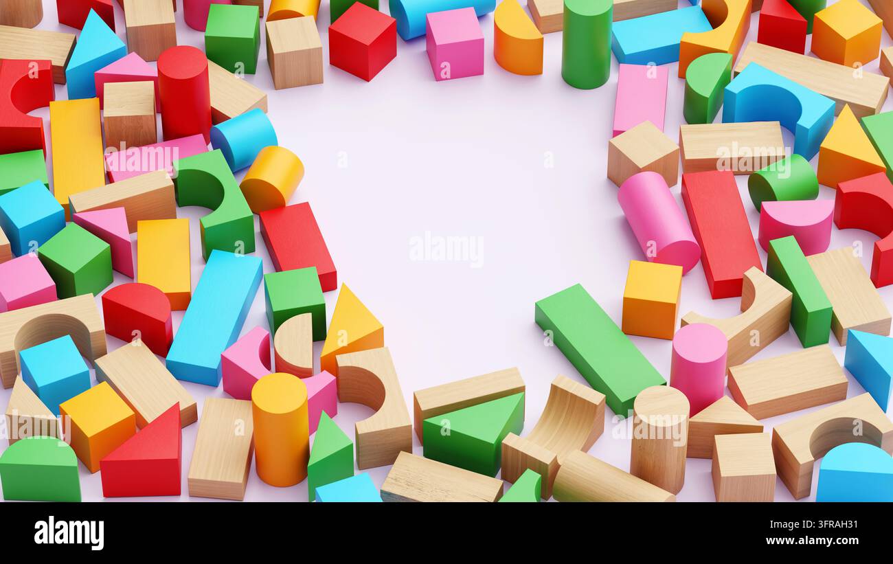 Blocchi di costruzione geometrici in legno dai colori vivaci sparsi intorno a una grande area centrale vuota su uno sfondo chiaro. Il rendering 3D presenta cubi, cil Foto Stock