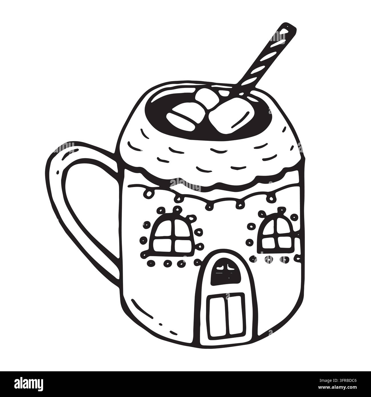 Tazza natalizia di cioccolata calda con marshmallow, illustrazione vettoriale di bevanda invernale festiva Illustrazione Vettoriale