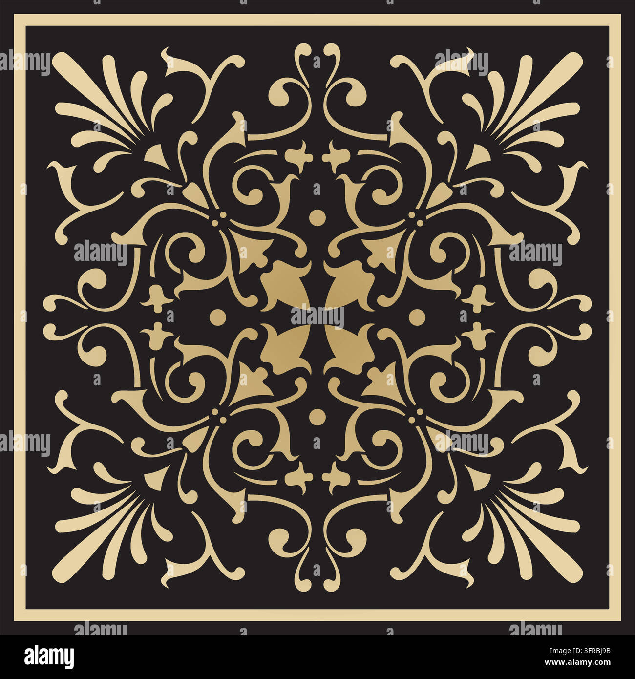 Vettore dorato su sfondo nero, ornamento quadrato floreale dell'antica Grecia e dell'Impero Romano. Piastrella classica con motivo popolare europeo. Illustrazione Vettoriale