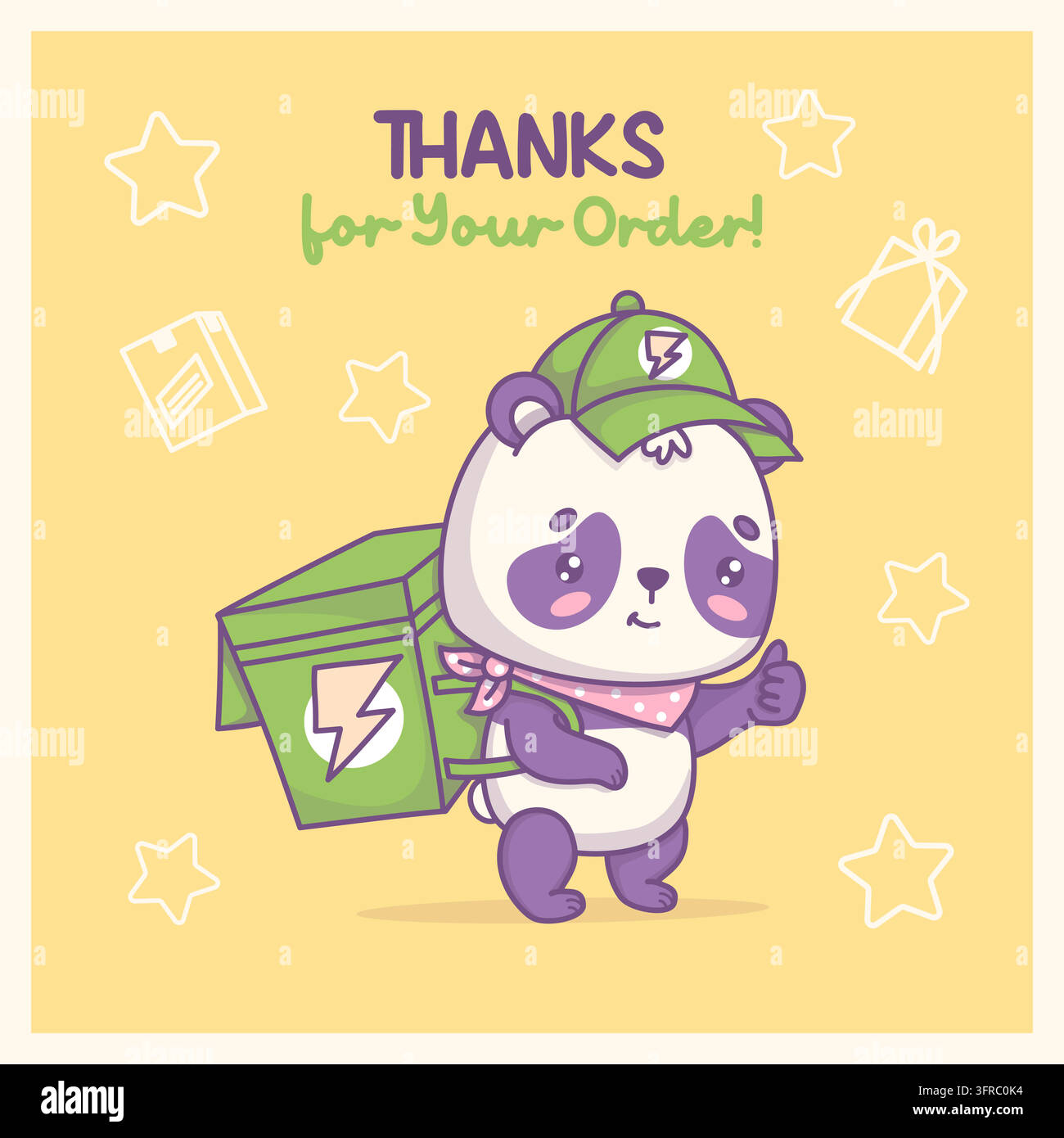 Simpatico corriere panda kawaii che trasporta una scatola termica per la consegna dei pacchi. Modello di biglietto di ringraziamento quadrato con personaggio mascotte orso. Servizio di spedizione. Stampabile Illustrazione Vettoriale