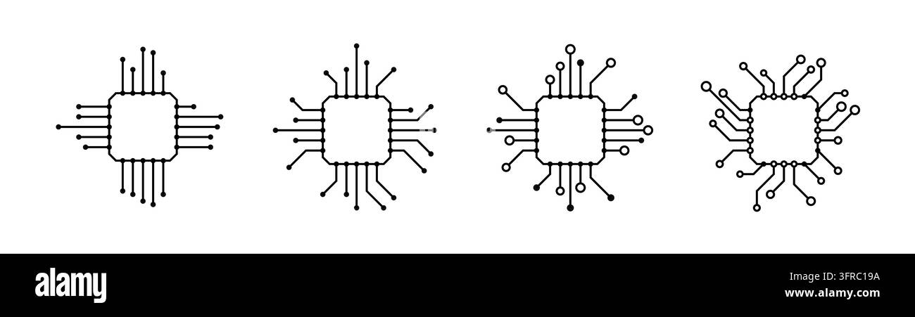 Set di icone di microchip futuristiche per il calcolo IA, con simboli di processore e circuito integrato per prodotti digitali, dashboard, presentazioni, un Illustrazione Vettoriale