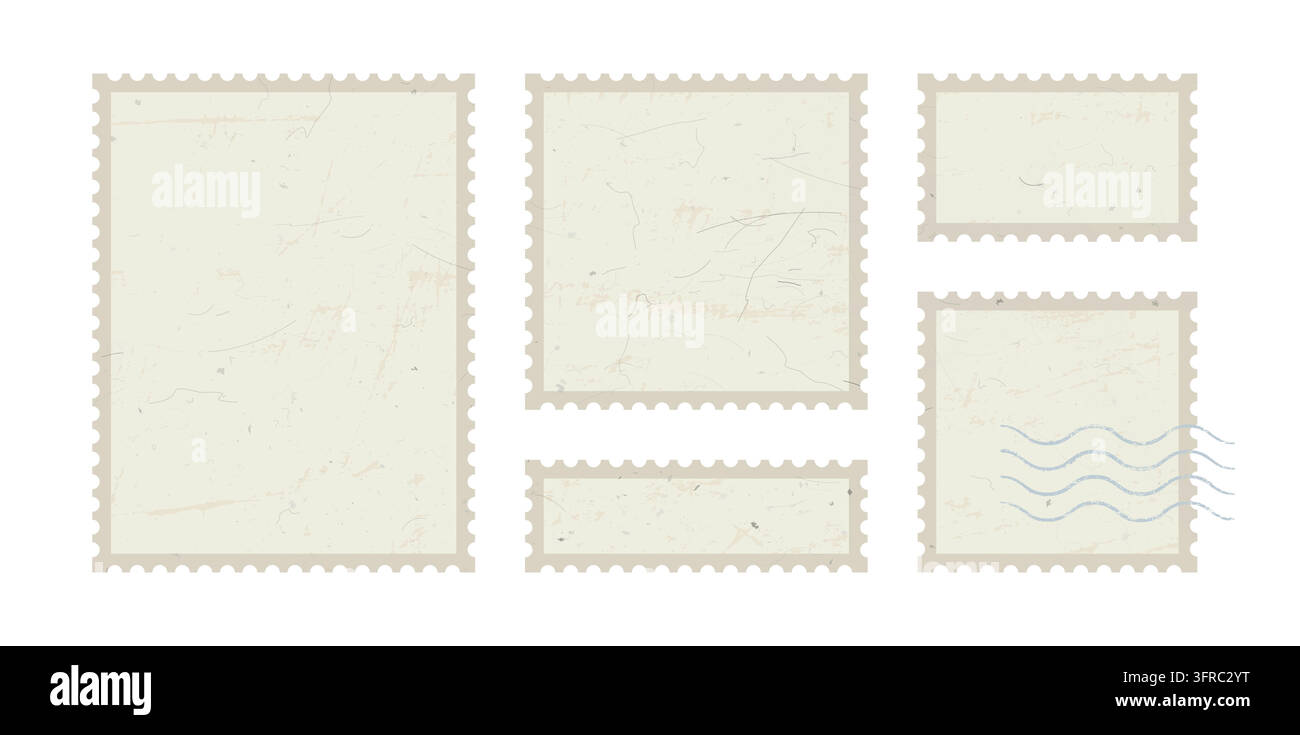 Set di francobolli vintage vettoriale con cornici grunge vuote, texture di carta invecchiata, graffi sottili e linee di francobollo ondulate. Collezione postale retrò per m Illustrazione Vettoriale
