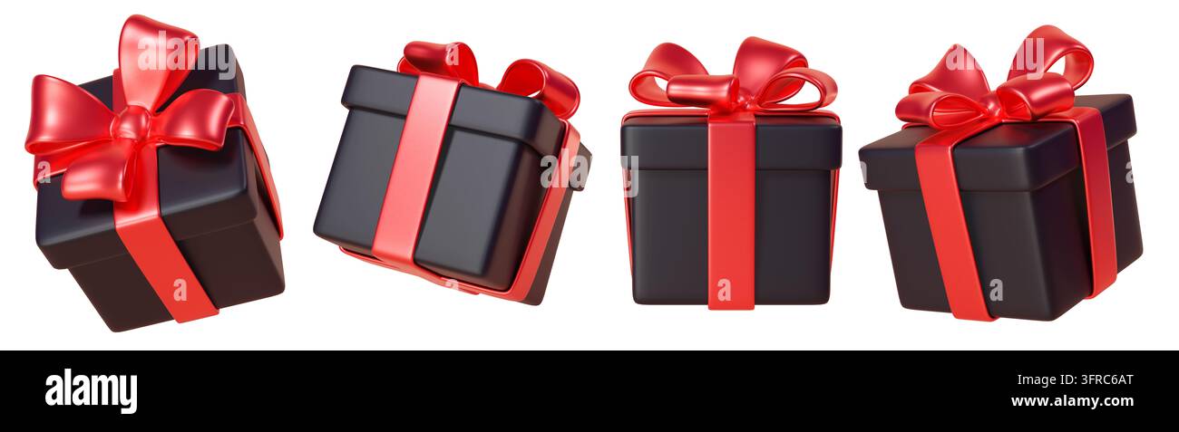 Set di scatole regalo 3D nere con nastri e fiocchi rosso brillante. Confezione premium e versatile per il branding, le promozioni del Black Friday e le celebrazioni. Foto Stock