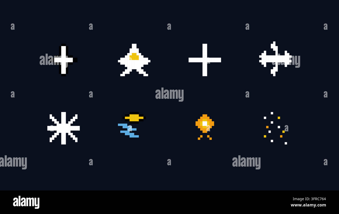 Grafica di gioco pixel art retrò con funghi, sprite spaziali, simboli, occhiali e creature colorate. Illustrazione Vettoriale
