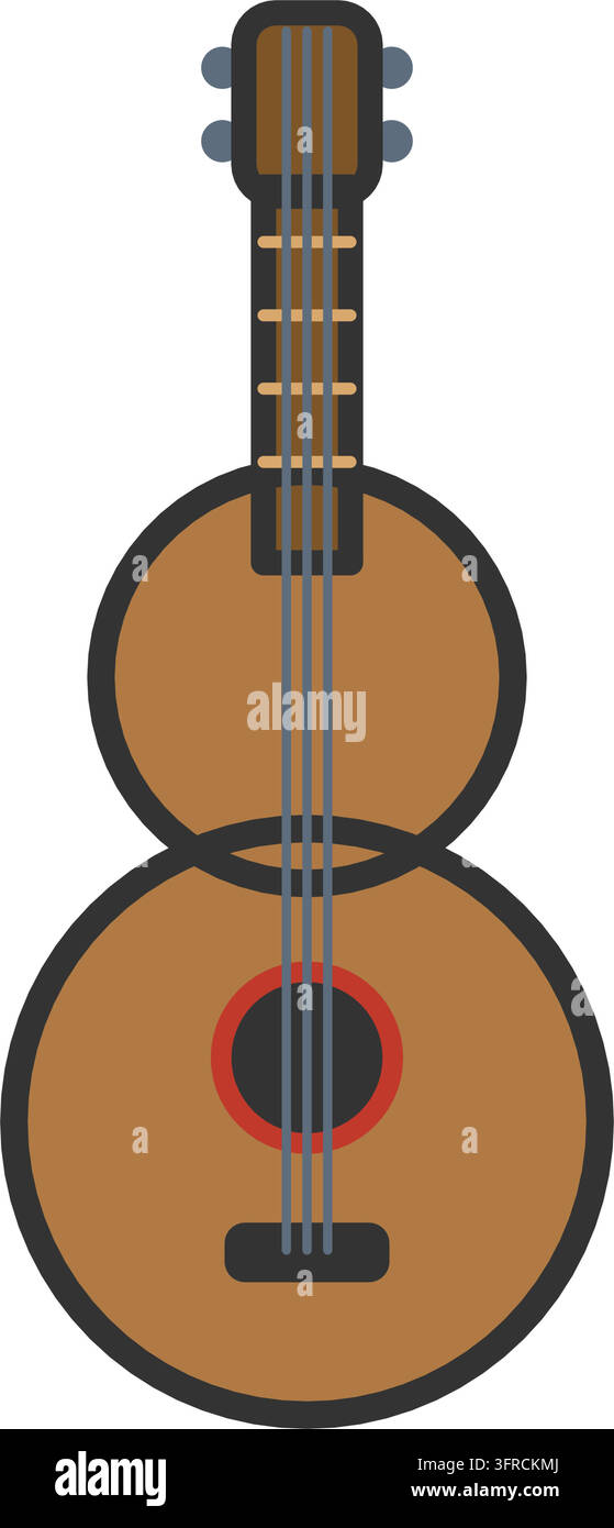 Illustrazione vettoriale piatta di una chitarra acustica con corpo in legno, foro sonoro e corde, isolata su sfondo bianco. Icona di musica e concerto. Illustrazione Vettoriale