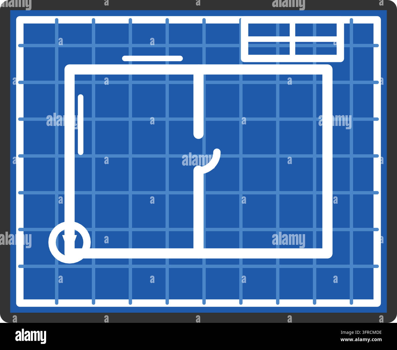 Illustrazione vettoriale piatta di un foglio di progetto architettonico blu con griglia, disegno del piano, blocco del titolo e freccia nord, su bianco. Illustrazione Vettoriale