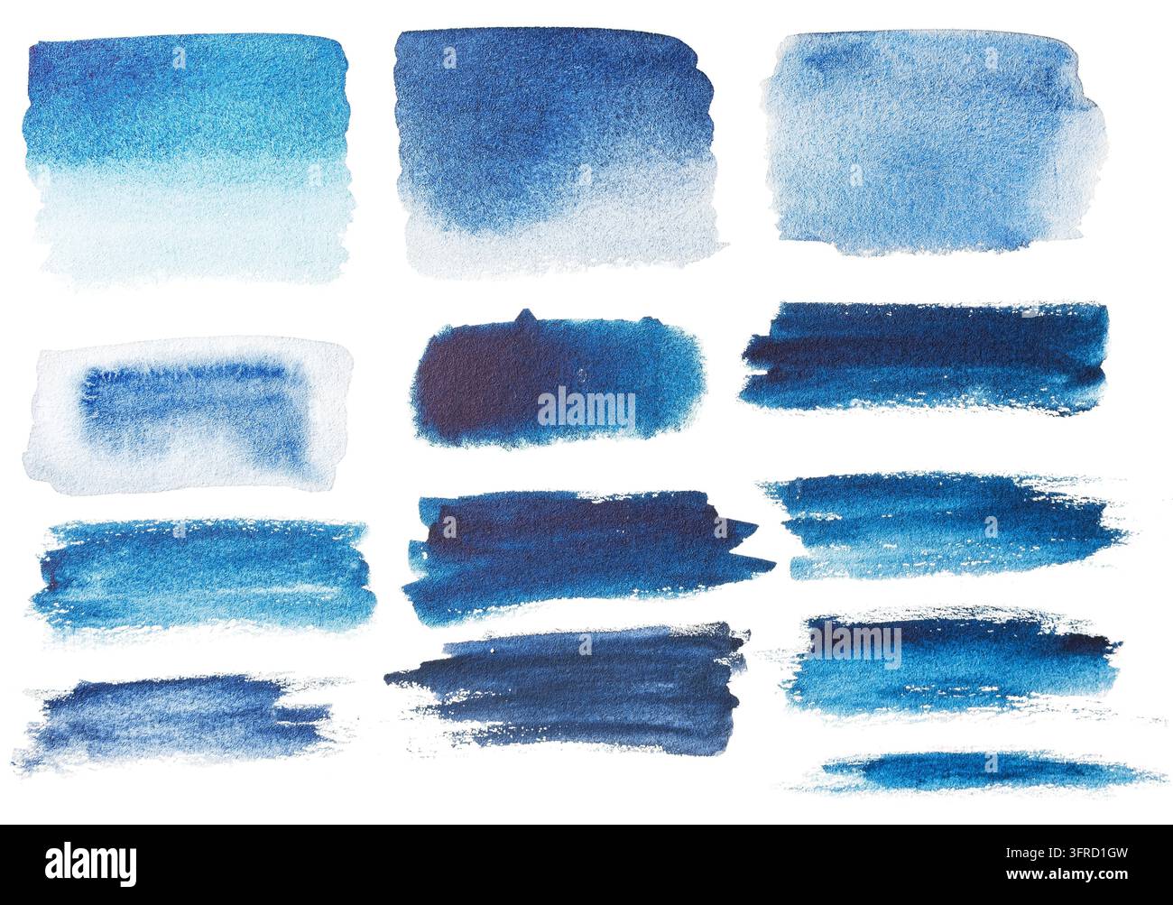 Collezione di tratti di pennello acquerello blu ceruleo. Tratti di pennello acquerello blu indaco isolati di alta qualità, carta cotone a grana grossa. Set di tratti di pennello acquerello astratti, sfondo texture Foto Stock