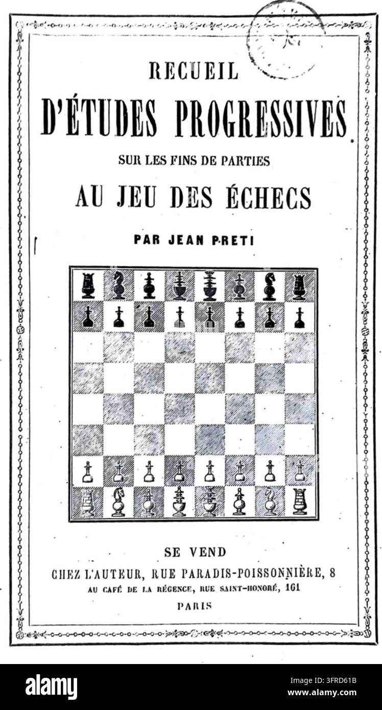 Pagina del titolo di un libro di scacchi francese del XIX secolo di Jean Preti che raffigura un diagramma di scacchi con pedine e l'editore Paris Cafe de la Regence Foto Stock