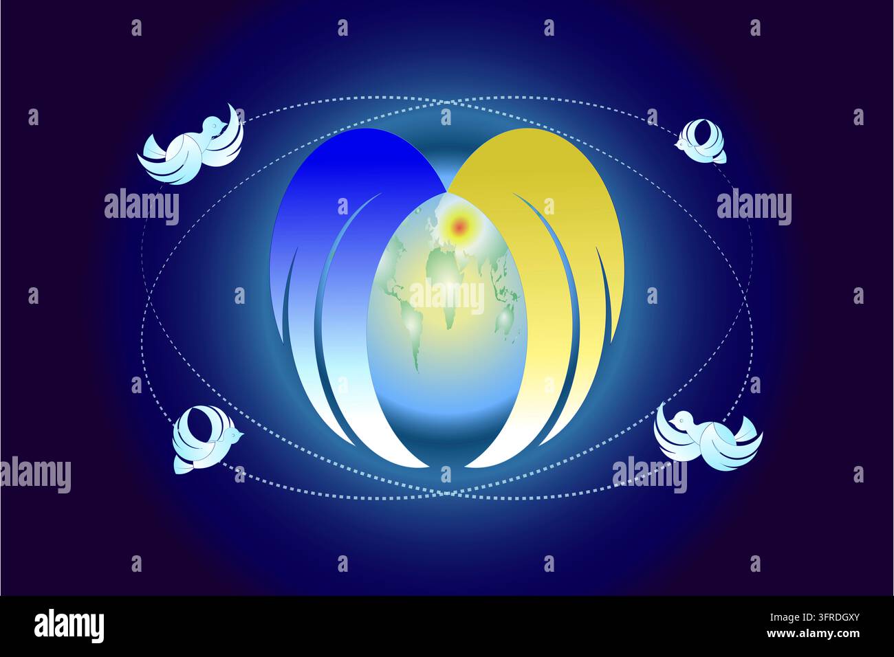 Rappresentazione della pace sulla terra con magia della colomba bianca e ali d'angelo in tutto il mondo su uno sfondo blu sfumato. La mappa politica del mondo è un'illustrazione Foto Stock