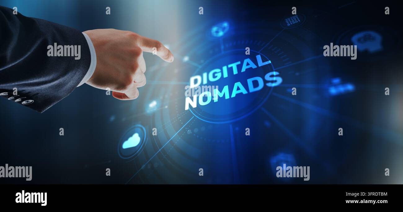 Concetto di stile di vita da nomadi digitali per il lavoro remoto destinato a professionisti e freelance indipendenti dalla località Foto Stock