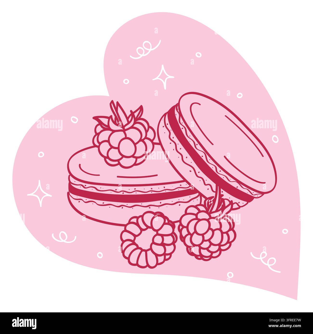 Biscotti macaron ai lamponi, dessert francese Doodle Illustrazione Vettoriale