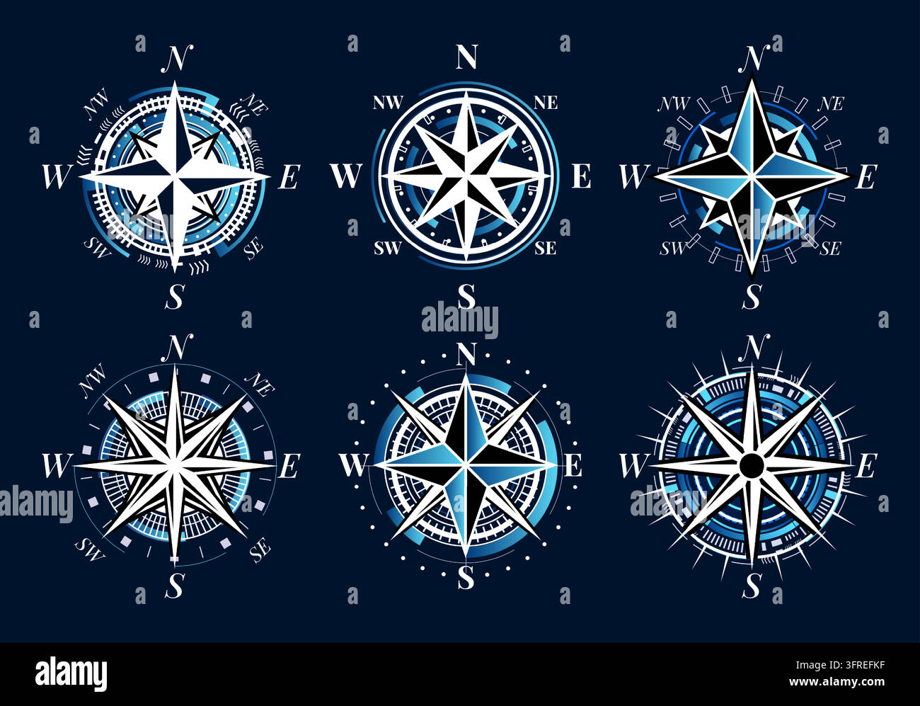 Set di icone di rose dei venti. Simboli di navigazione nautica con direzioni cardinali, scale circolari, orientamento, cartografia, guida GPS, pianificazione del viaggio, elementi di progettazione di mappe marittime. Illustrazione vettoriale Illustrazione Vettoriale