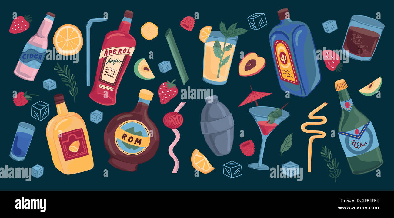 Bevanda cocktail. Festa estiva retrò con alcolici, frutta e liquore in shaker per rum o bevanda mojito doodle per bar alla moda. Ingredienti per mescolare soda ghiacciata fredda. Set isolato piatto colorato vettoriale disegnato a mano libera Illustrazione Vettoriale