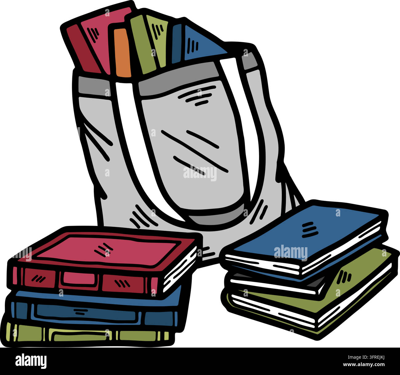 Una borsa piena di libri e una pila di libri Illustrazione Vettoriale