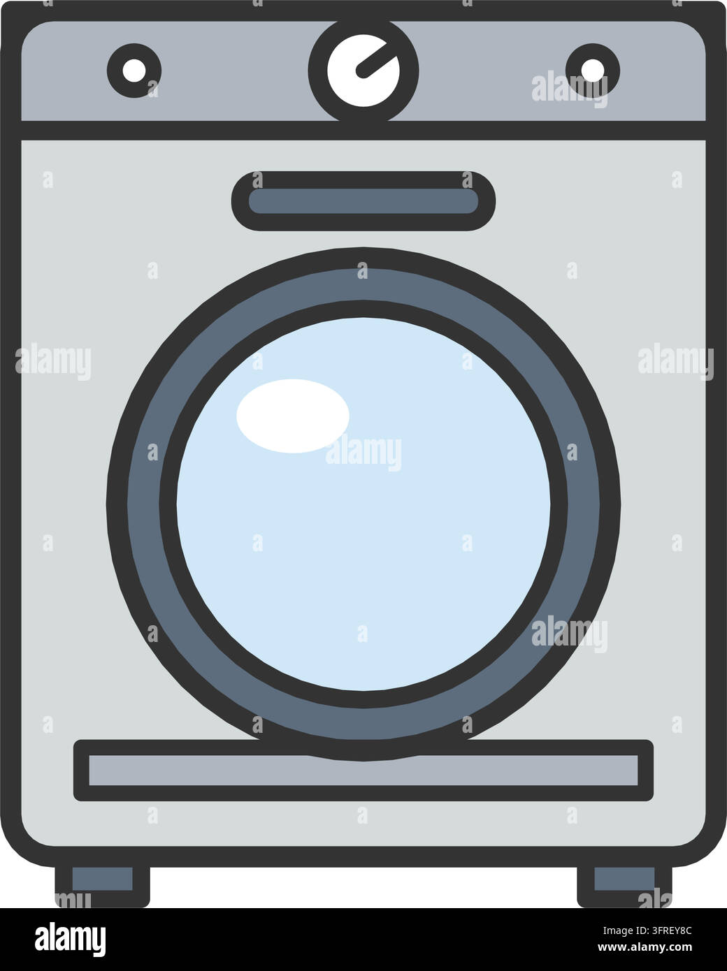 Illustrazione vettoriale piatta di un asciugatore con una porta in vetro rotonda, grande quadrante di controllo e maniglia della porta, isolato su sfondo bianco. Illustrazione Vettoriale