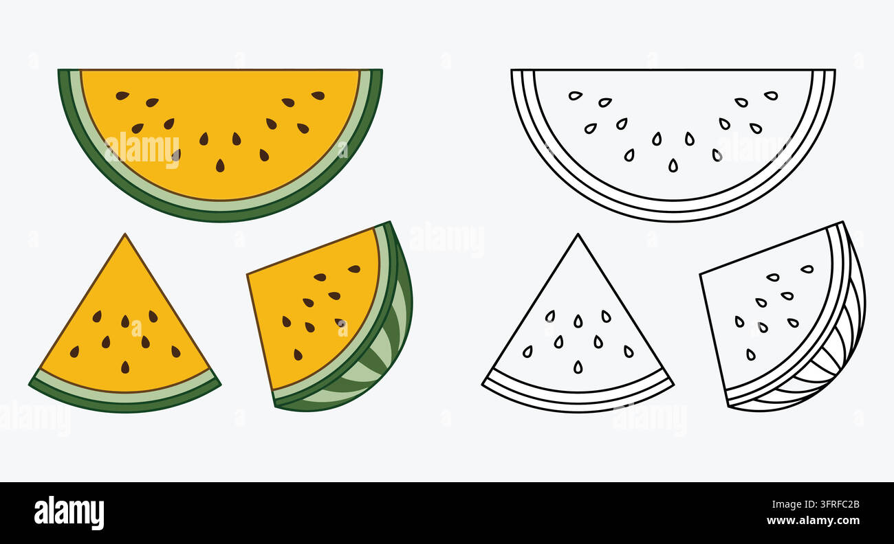 Fette di anguria gialle in colore e contorno nero con fetta di frutta Illustrazione Vettoriale