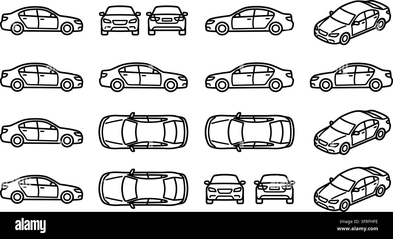 Set di vettori di icone per auto: veicoli a contorno da più angolazioni Illustrazione Vettoriale