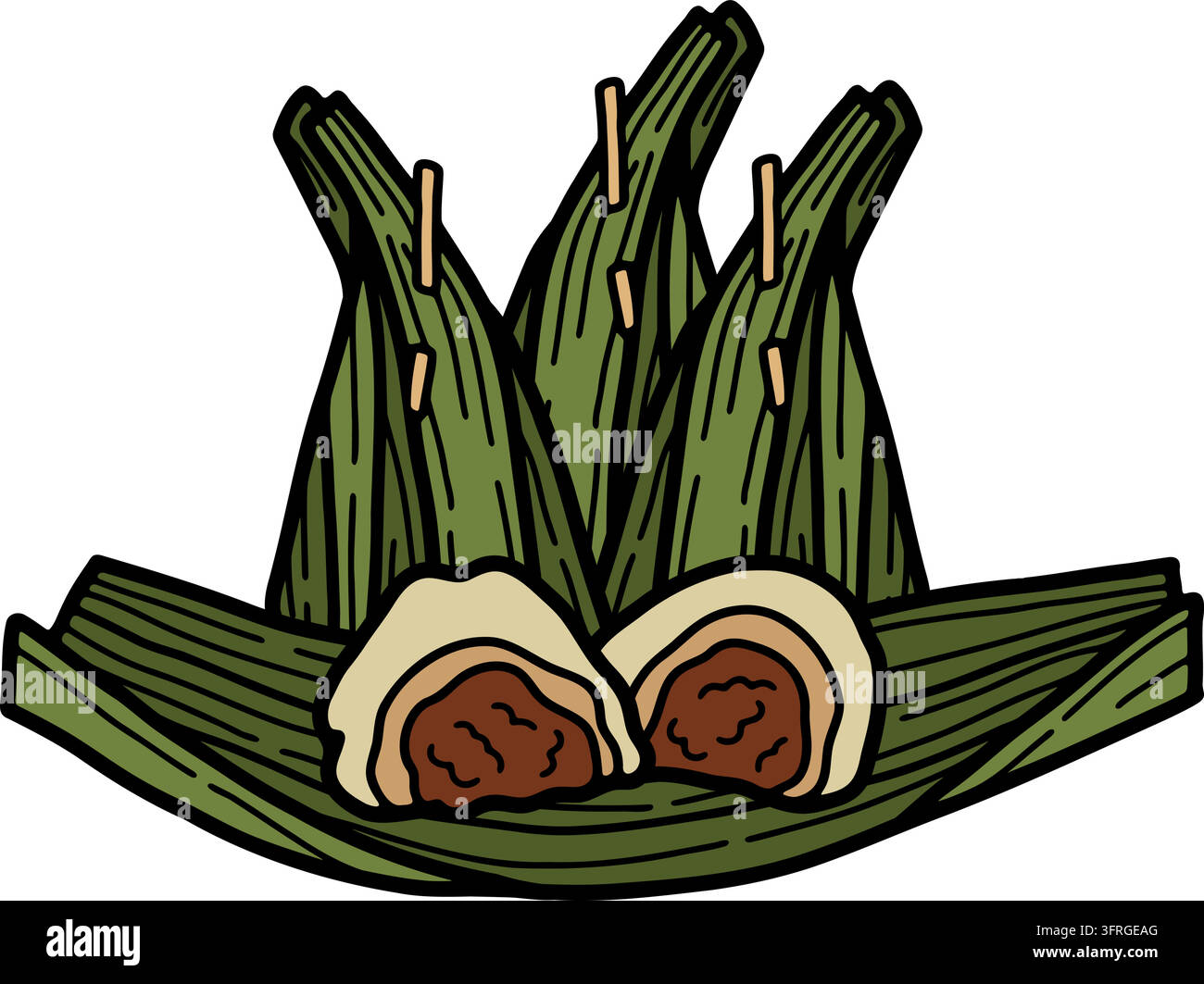 Khanom Sai Sai impasto cotto al vapore con ripieno di cocco avvolto in una foglia di banano, dessert thailandese Illustrazione Vettoriale